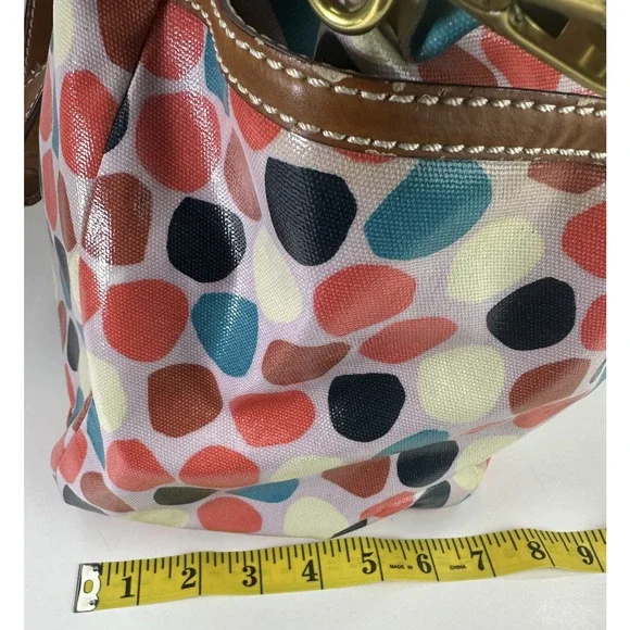 *Flawed Fossil Multicolor Geo Dot Print Coated Satchel Tote Bag Zip Top w/ Strap - Picture 7 of 16